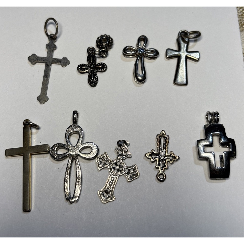 Lot of 9 Cross Pendant Charms Silver Tone Rhinestone Religious Jewelry Craft